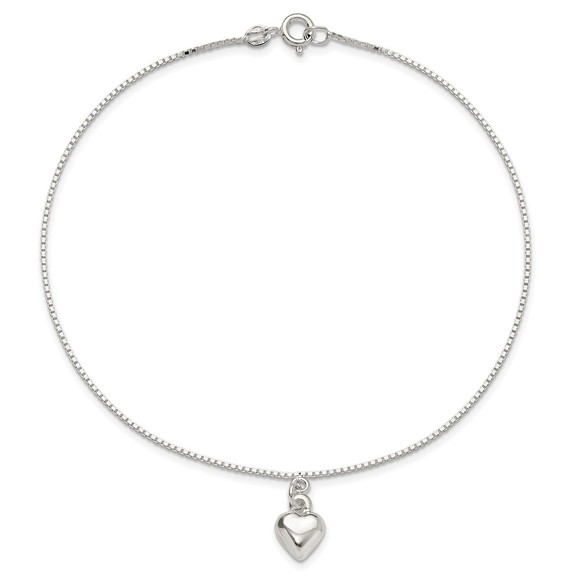 925 Sterling Silver 10inch Polished Puffed Heart Charm Summer Jewelry Anklet - Picture 5 of 6